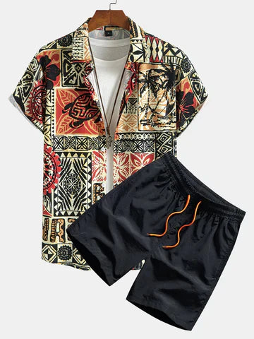 Palm Tree Turtle Ethnic Geometry Print Button Up Shirt & Swim Shorts