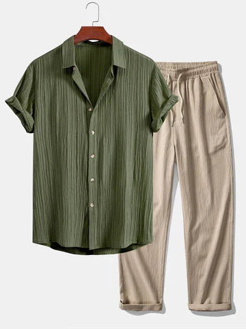 Crinkled Textured Button Up Shirt & Crinkle Textured Straight Leg Pants