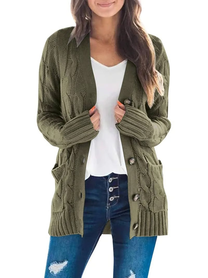 Damen Herbst Casual Langarm Button-Down-Strickjacke mit offenem Vorderteil aus Zopfstrick