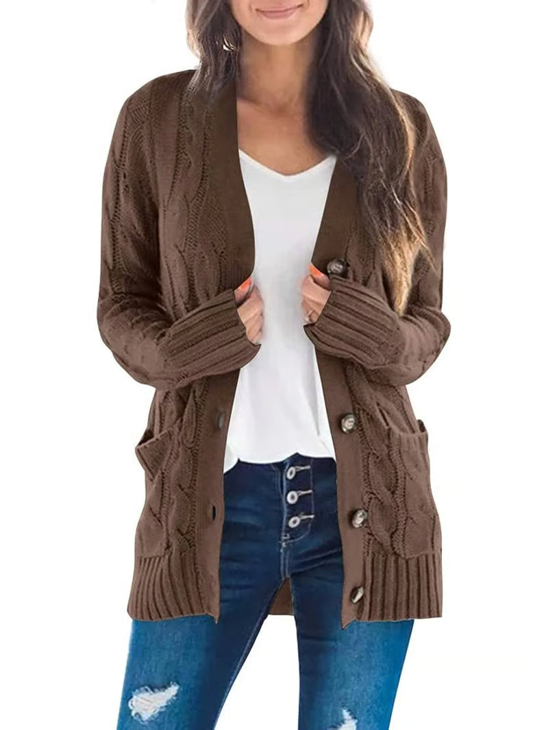 Damen Herbst Casual Langarm Button-Down-Strickjacke mit offenem Vorderteil aus Zopfstrick
