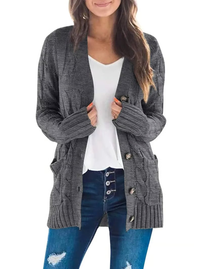 Damen Herbst Casual Langarm Button-Down-Strickjacke mit offenem Vorderteil aus Zopfstrick