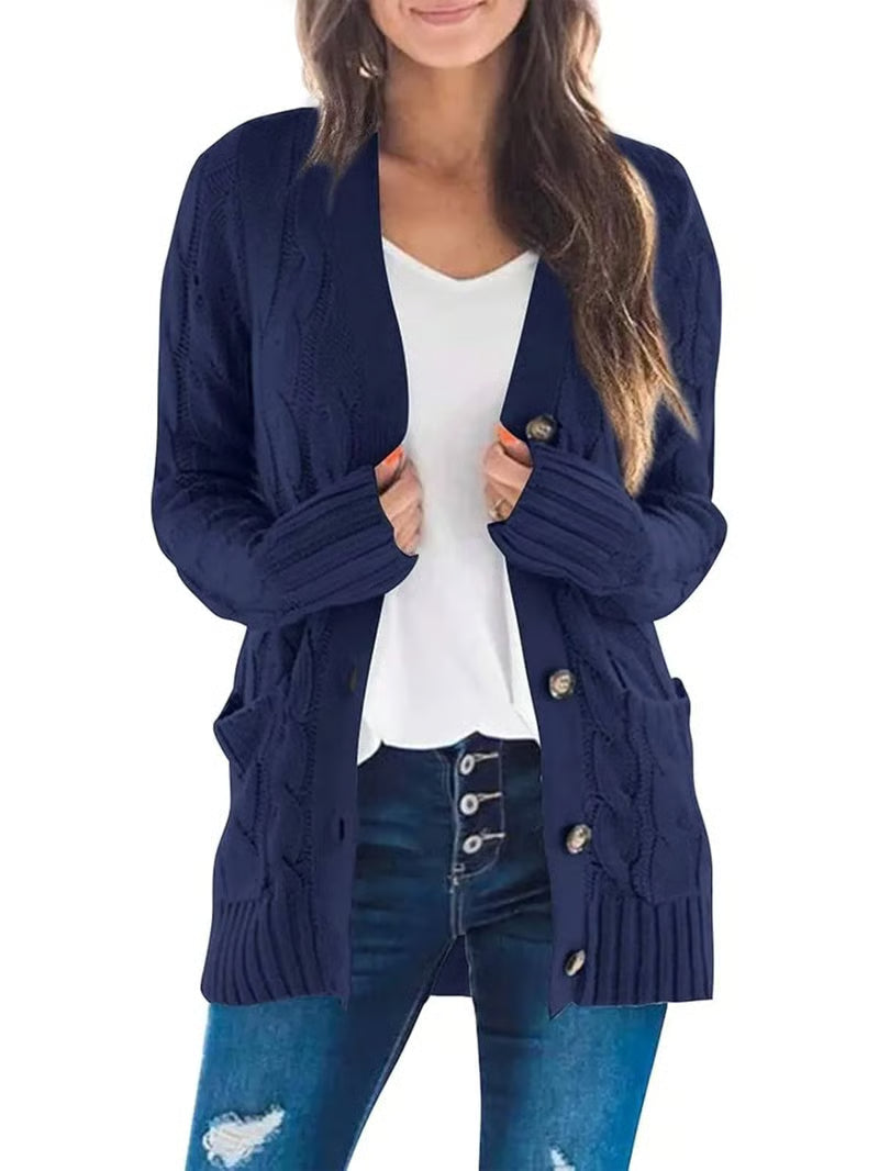 Damen Herbst Casual Langarm Button-Down-Strickjacke mit offenem Vorderteil aus Zopfstrick