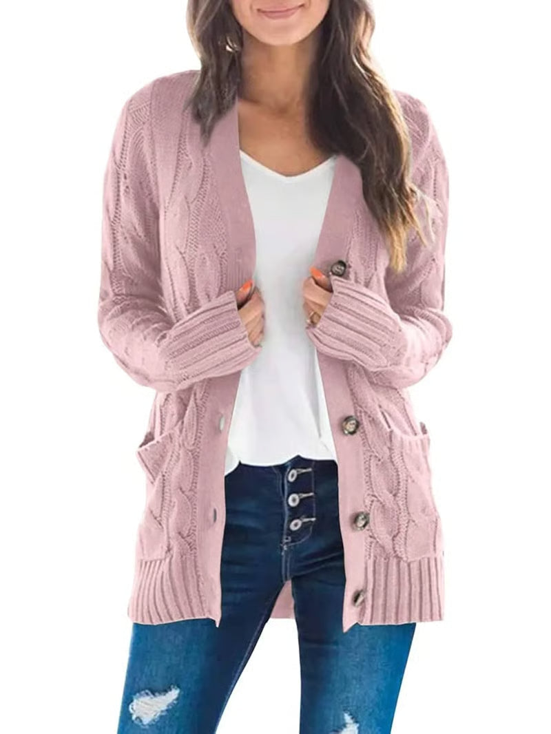 Damen Herbst Casual Langarm Button-Down-Strickjacke mit offenem Vorderteil aus Zopfstrick