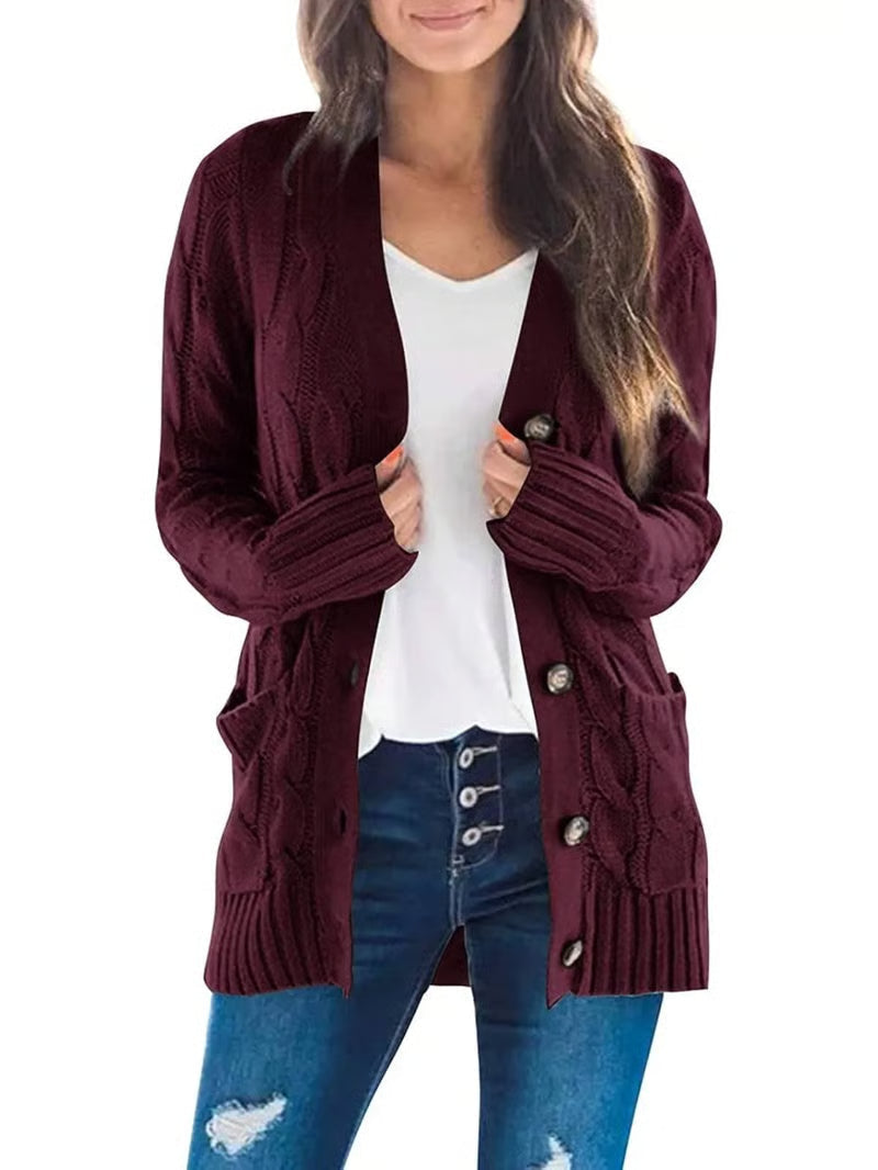 Damen Herbst Casual Langarm Button-Down-Strickjacke mit offenem Vorderteil aus Zopfstrick