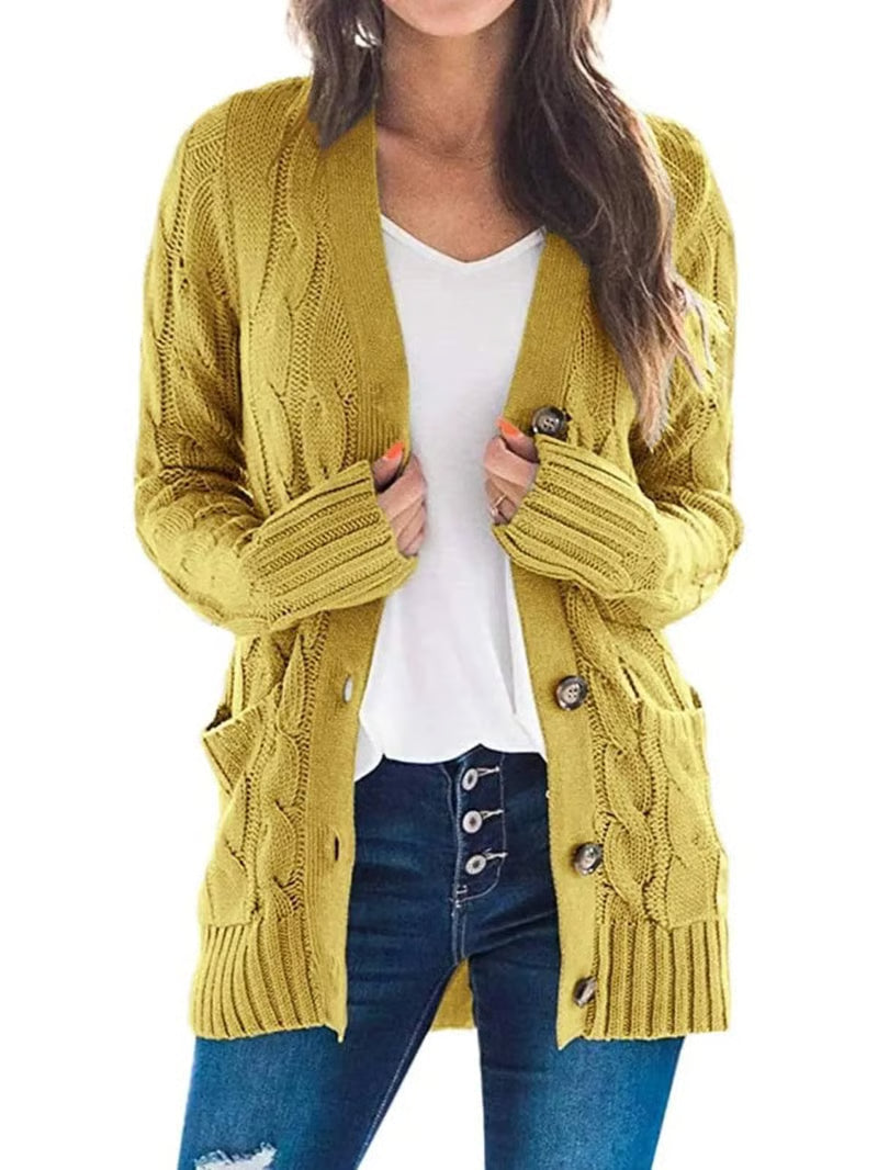 Damen Herbst Casual Langarm Button-Down-Strickjacke mit offenem Vorderteil aus Zopfstrick