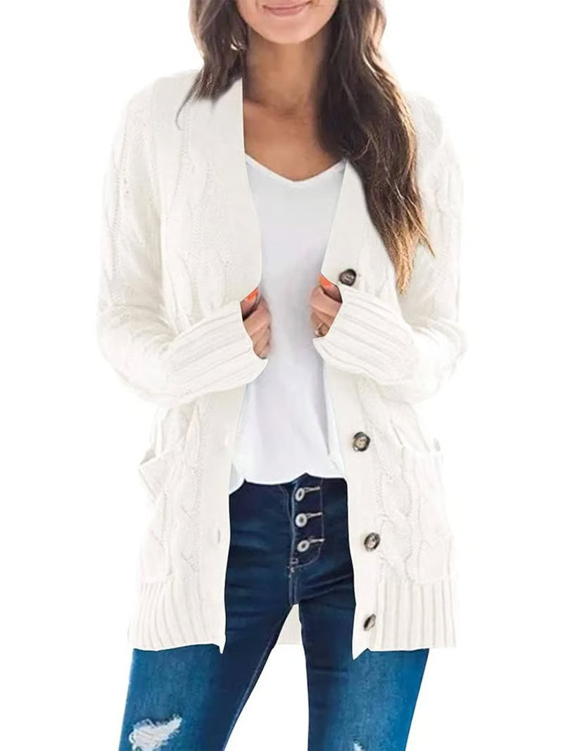 Damen Herbst Casual Langarm Button-Down-Strickjacke mit offenem Vorderteil aus Zopfstrick