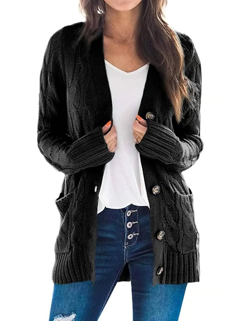 Damen Herbst Casual Langarm Button-Down-Strickjacke mit offenem Vorderteil aus Zopfstrick