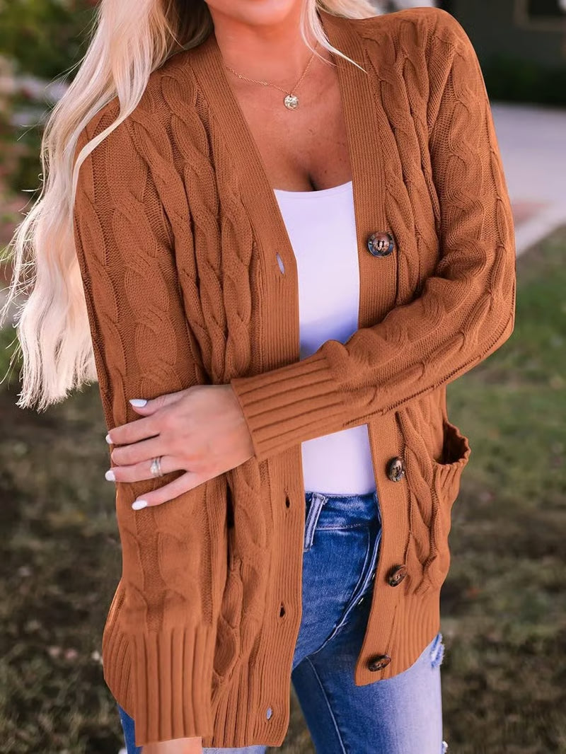Damen Herbst Casual Langarm Button-Down-Strickjacke mit offenem Vorderteil aus Zopfstrick